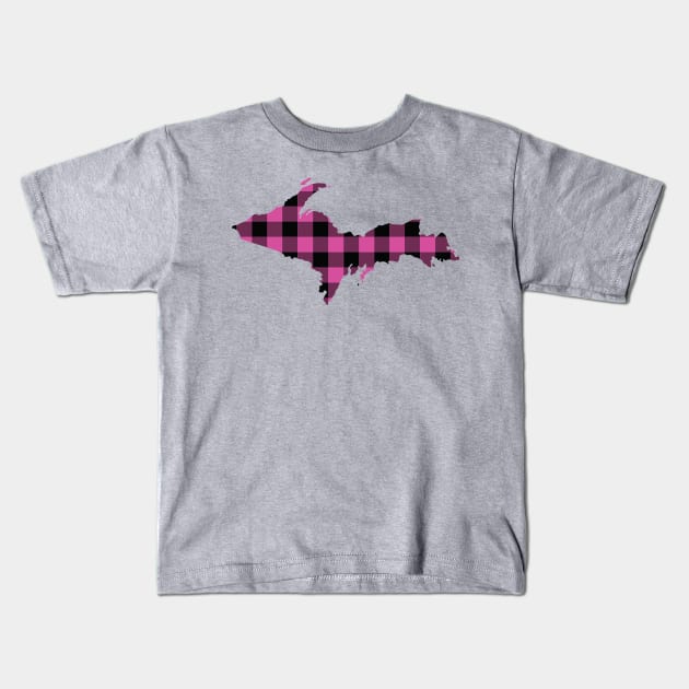Upper Peninsula of Michigan Pink Flannel State Kids T-Shirt by DoctorWatsonDesigns